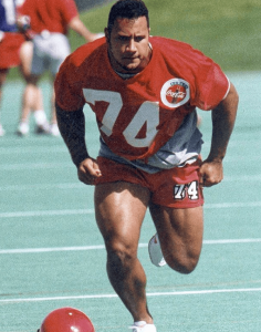 the rock gear. a picture of the rock dwayne johnson trying out for the Canadian Football League Calgary Stampeders.